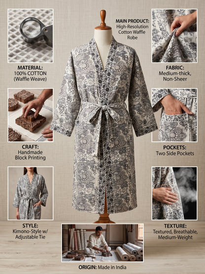 Smoked Grey Vine Petals Waffle Bathrobe – Luxury Spa Robe