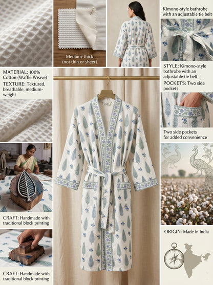 Mint White Petals Waffle Bathrobe – Luxury Spa Robe