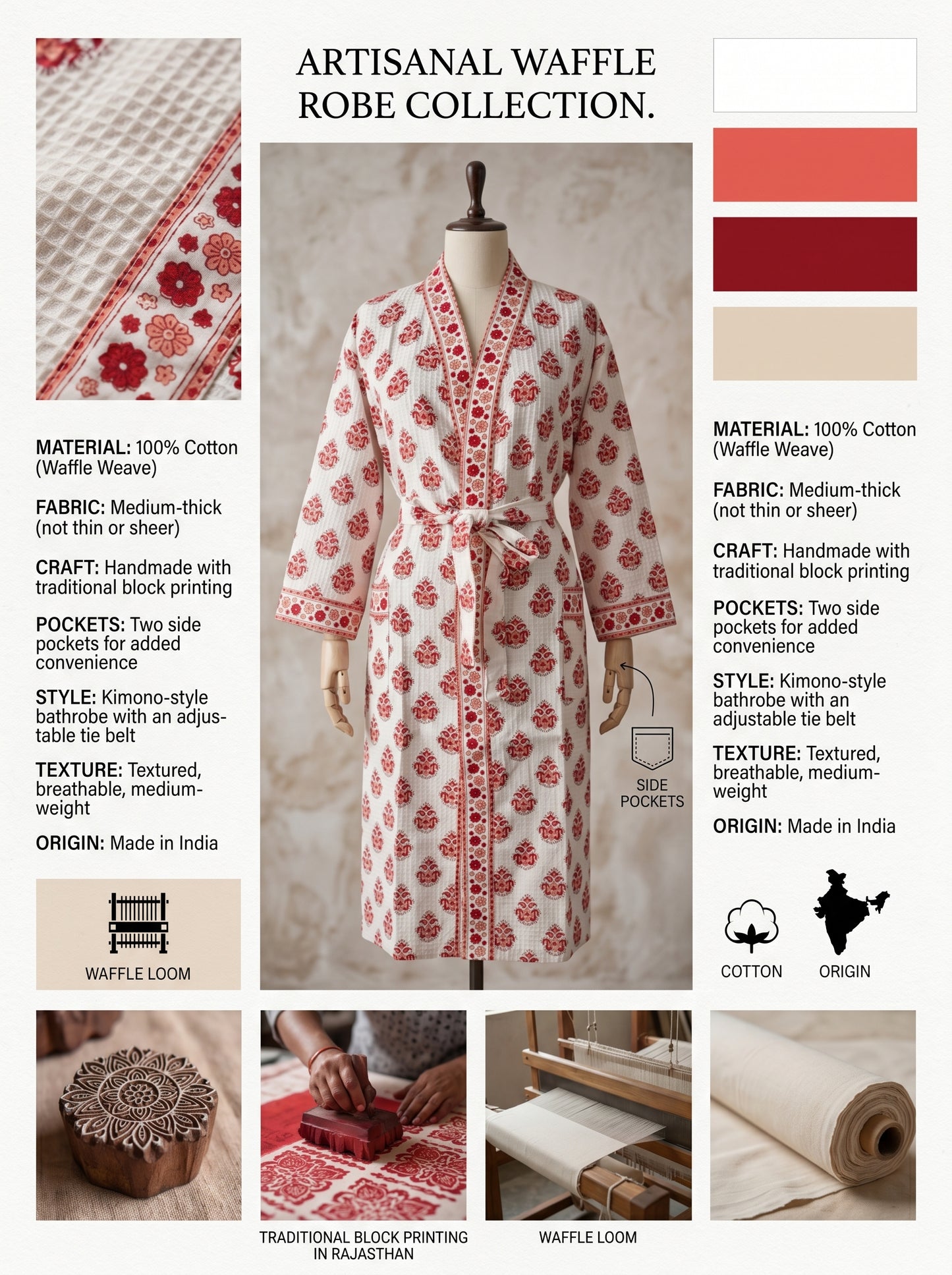 Red Crimson Bloom Petals Waffle Bathrobe – Luxury Spa Robe