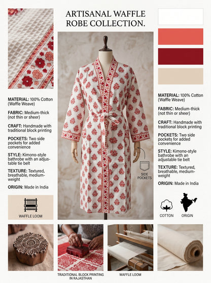 Red Crimson Bloom Petals Waffle Bathrobe – Luxury Spa Robe