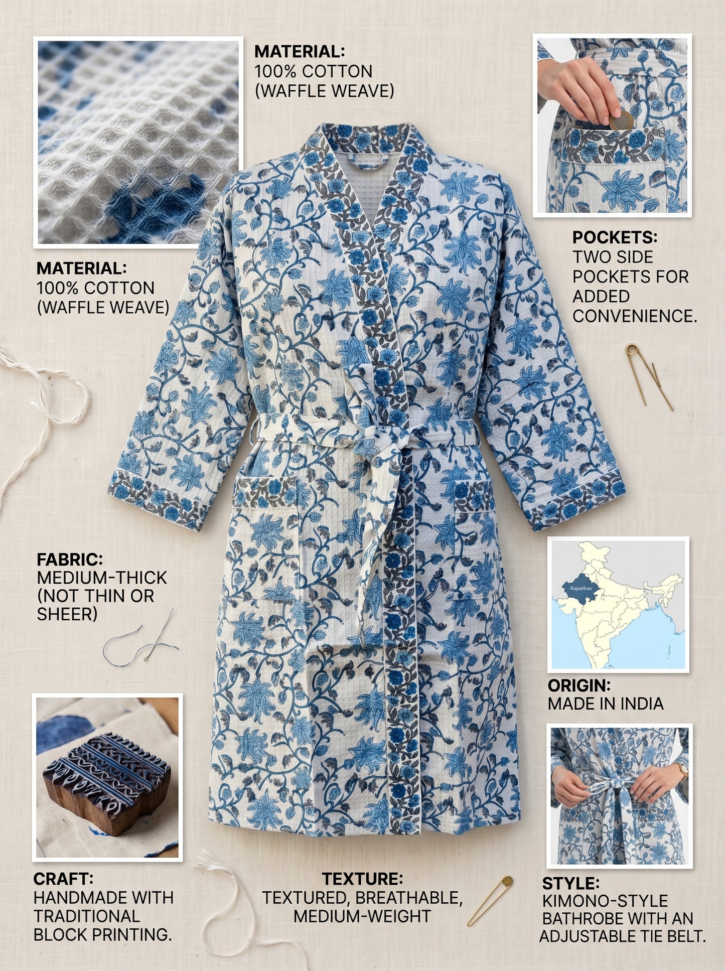 Blue Crimson Bloom Petals Waffle Bathrobe – Luxury Spa Robe