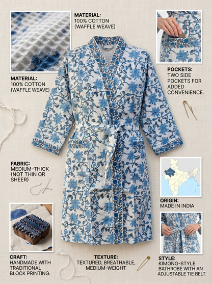 Blue Crimson Bloom Petals Waffle Bathrobe – Luxury Spa Robe
