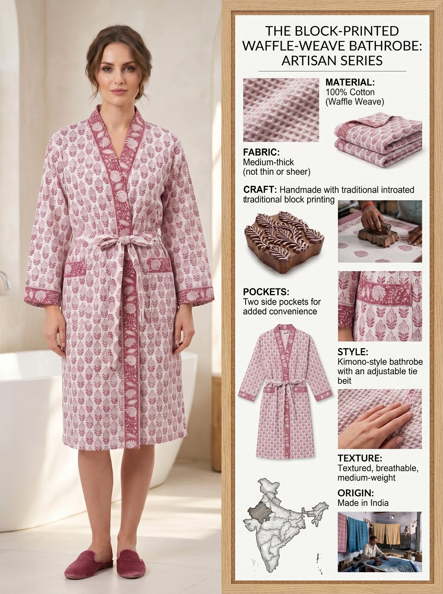 Blush Pink Mini Floral-2 Handblock Waffle Bathrobe – Luxury Spa Robe