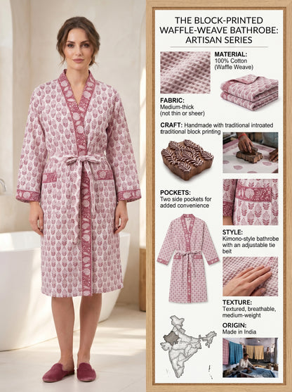 Blush Pink Mini Floral-2 Handblock Waffle Bathrobe – Luxury Spa Robe