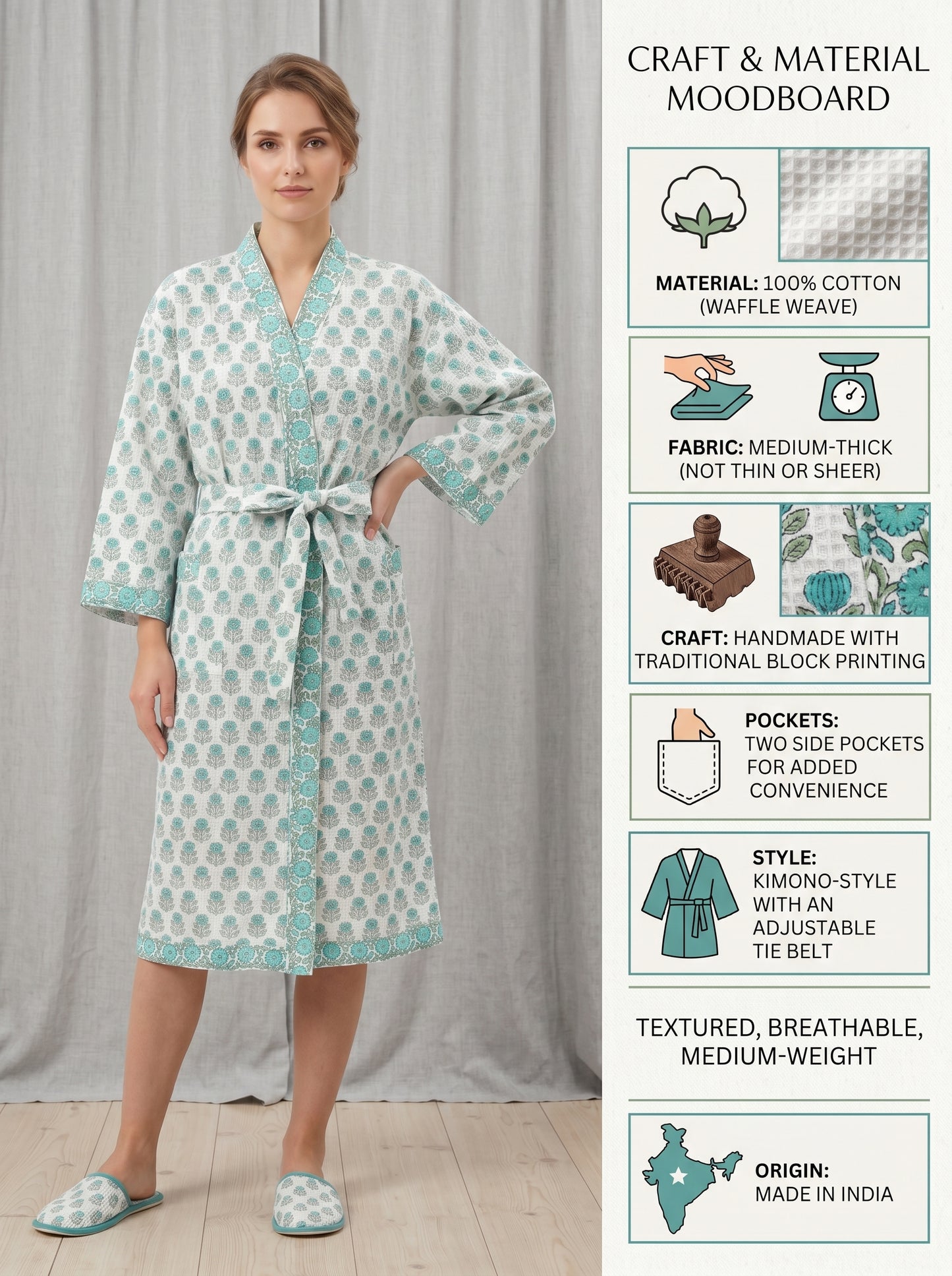 Teal Blue Mini Floral Waffle Bathrobe – Luxury Spa Robe
