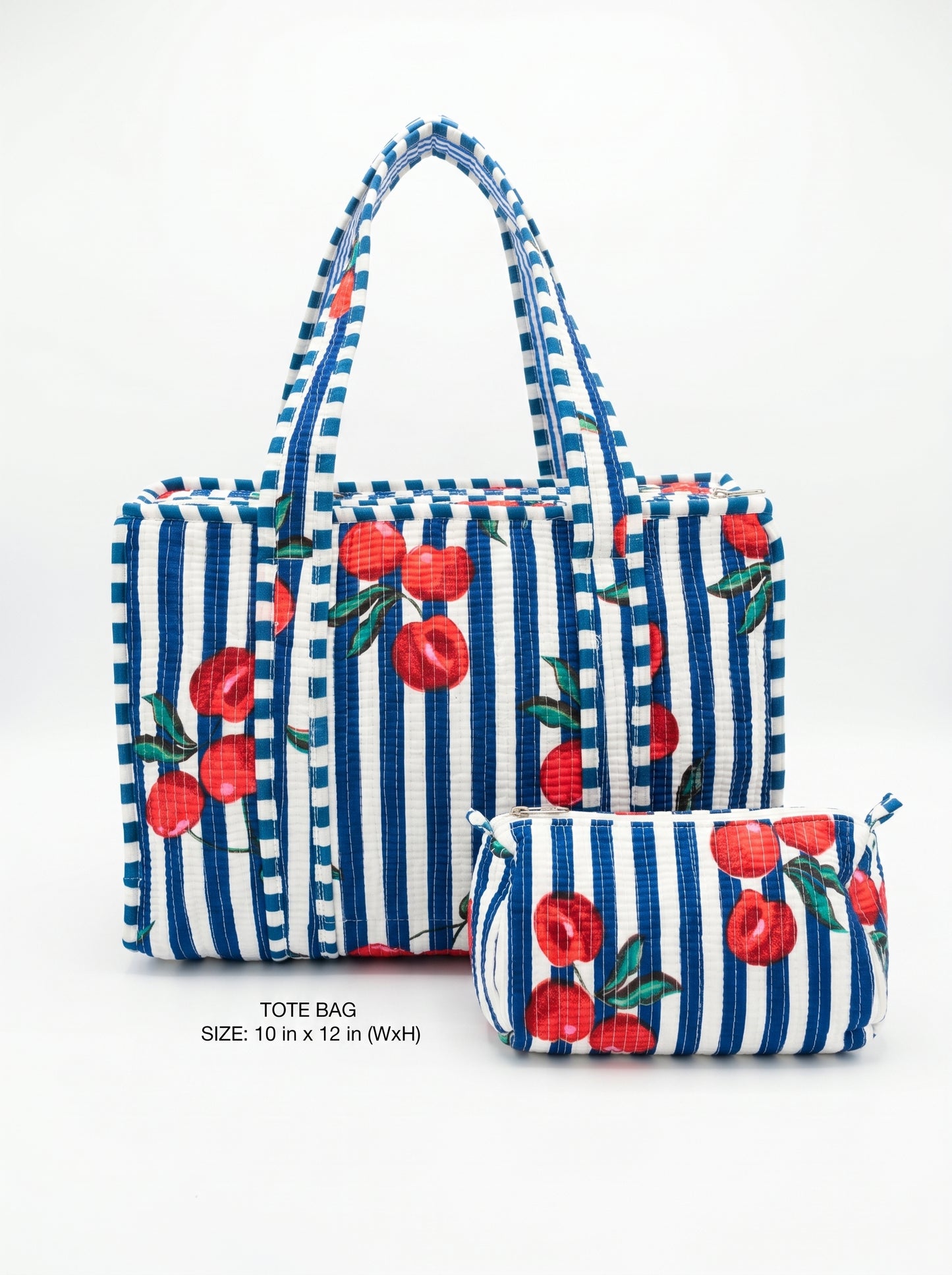 Blue White Striped Cherry tiger Quilted Tote & Pouch Set