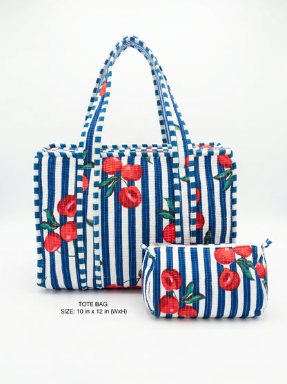 Blue White Striped Cherry tiger Quilted Tote & Pouch Set