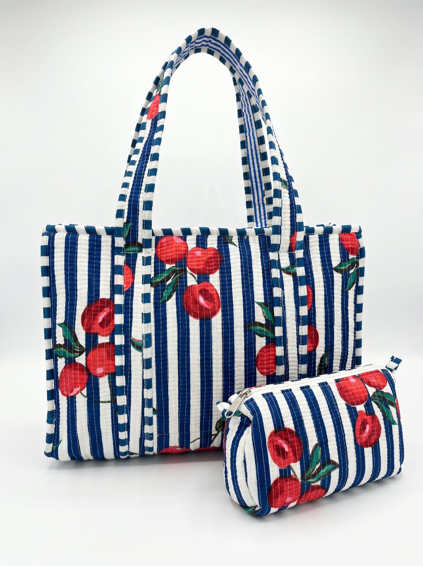 Blue White Striped Cherry tiger Quilted Tote & Pouch Set