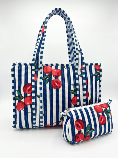 Blue White Striped Cherry tiger Quilted Tote & Pouch Set