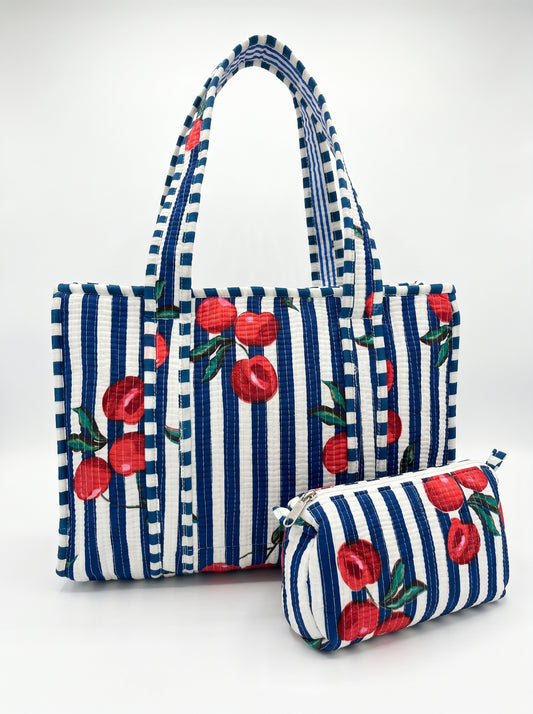Blue White Striped Cherry tiger Quilted Tote & Pouch Set