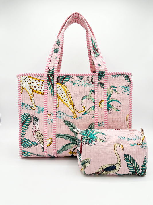 Blush Pink Safari Quilted Tote & Pouch Set