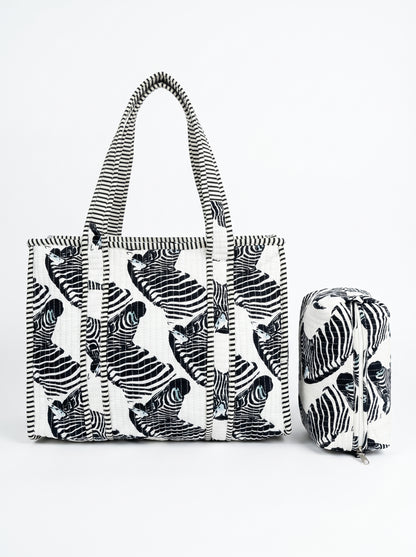 Black Chisel Zebra tiger Quilted Tote & Pouch Set