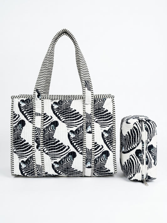 Black Chisel Zebra tiger Quilted Tote & Pouch Set