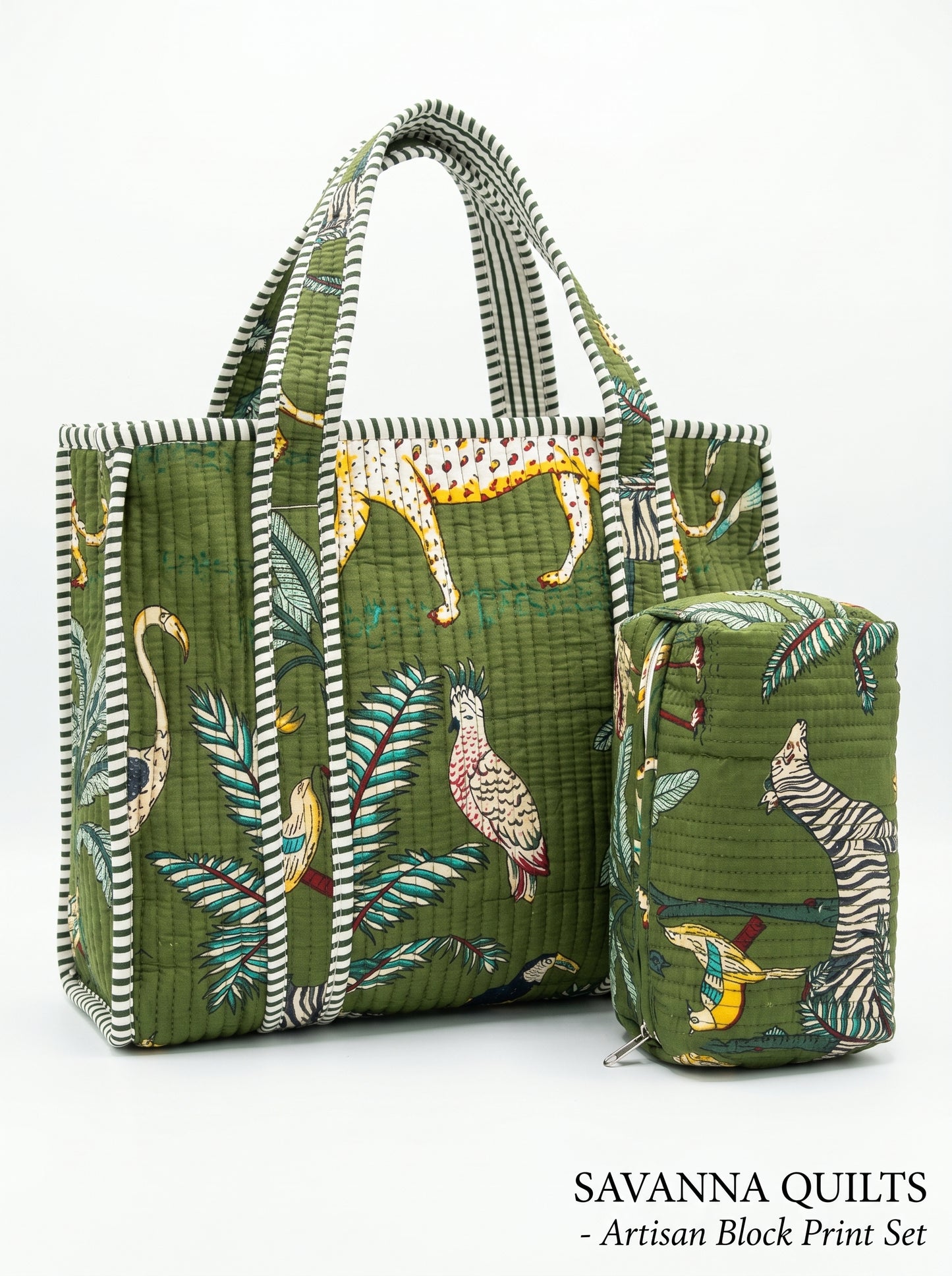 Green Safari tiger Quilted Tote & Pouch Set