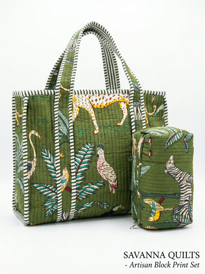 Green Safari tiger Quilted Tote & Pouch Set