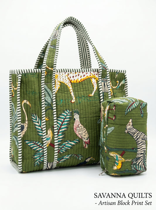 Green Safari tiger Quilted Tote & Pouch Set