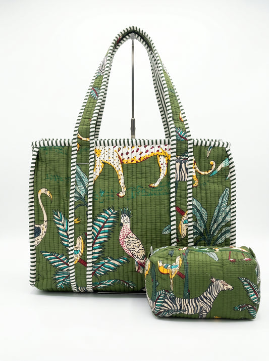 Green Safari tiger Quilted Tote & Pouch Set