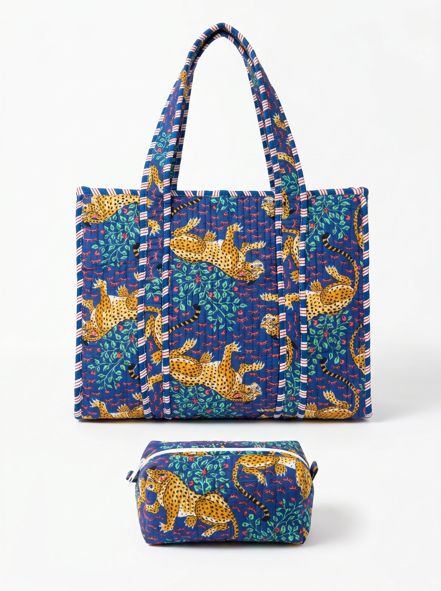 Blue Leopard tiger Quilted Tote & Pouch Set
