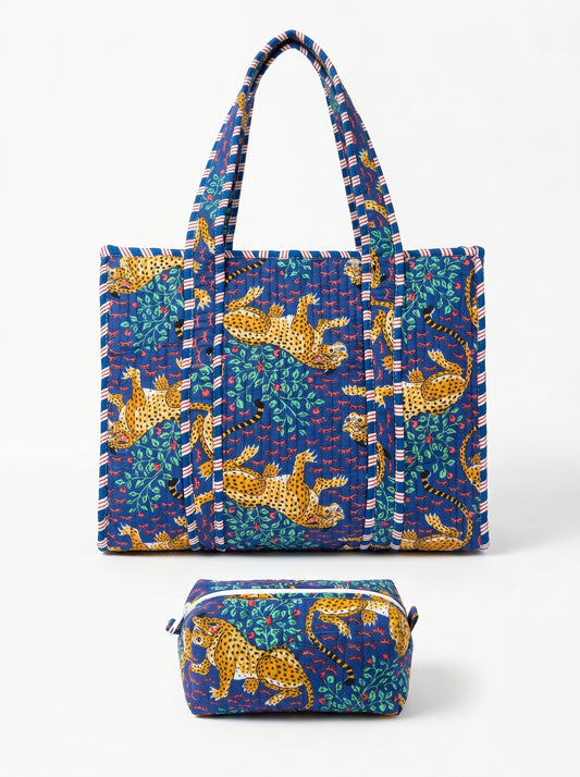 Blue Leopard tiger Quilted Tote & Pouch Set