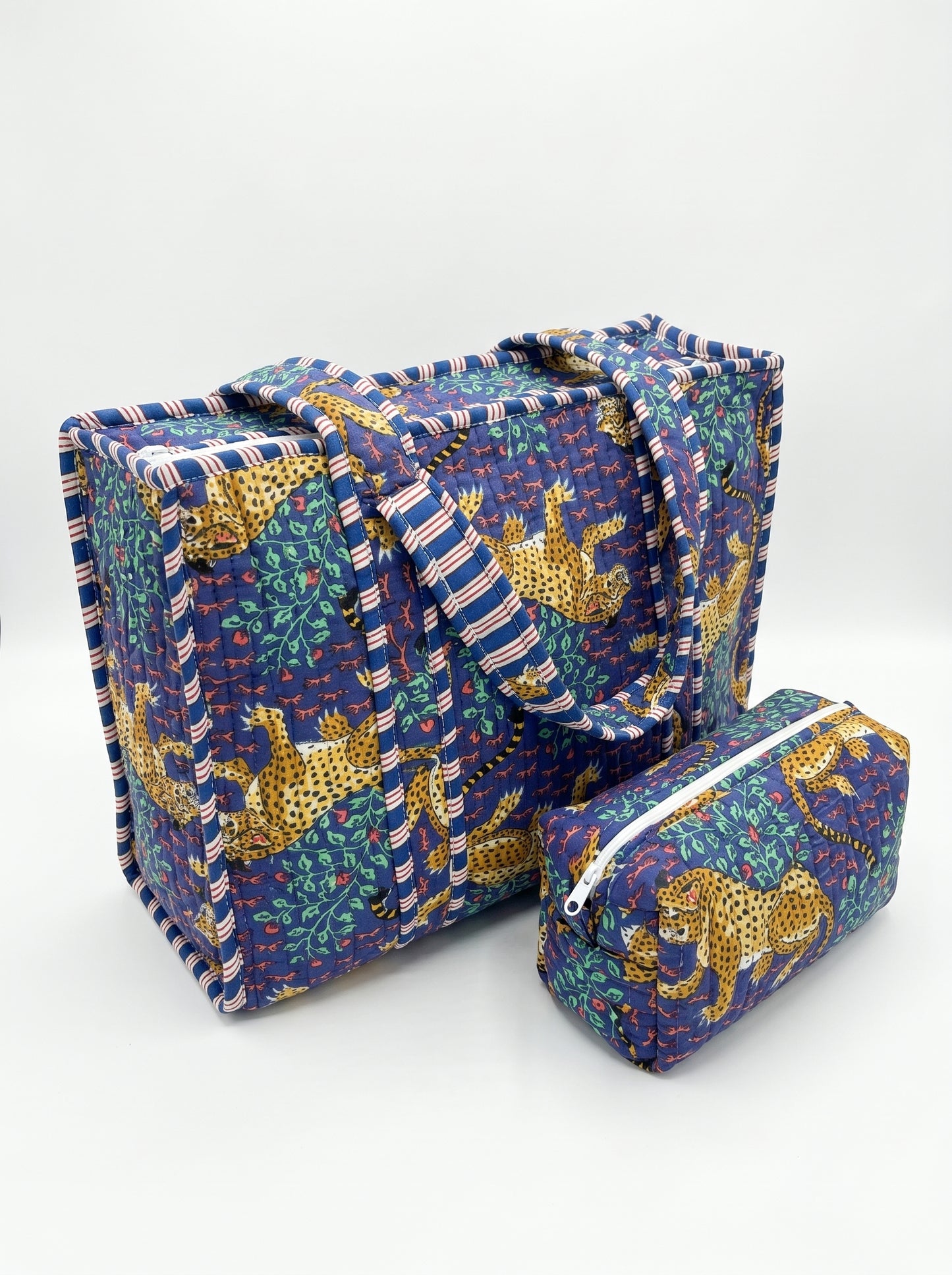 Blue Leopard tiger Quilted Tote & Pouch Set