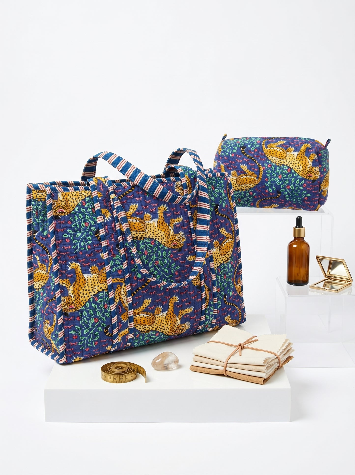 Blue Leopard tiger Quilted Tote & Pouch Set