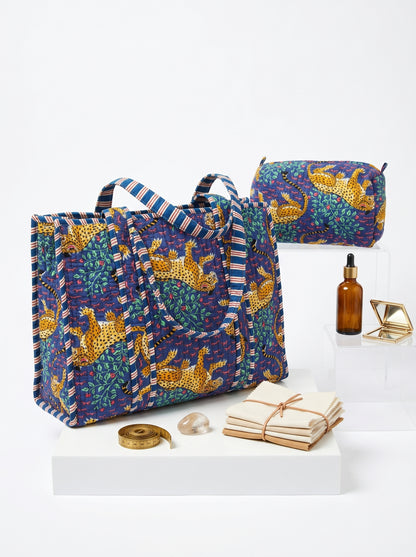 Blue Leopard tiger Quilted Tote & Pouch Set