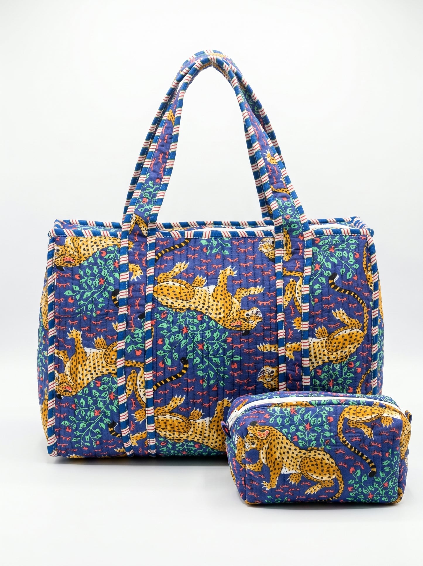 Blue Leopard tiger Quilted Tote & Pouch Set