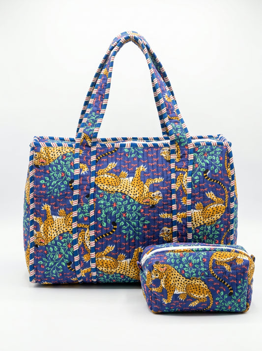 Blue Leopard tiger Quilted Tote & Pouch Set