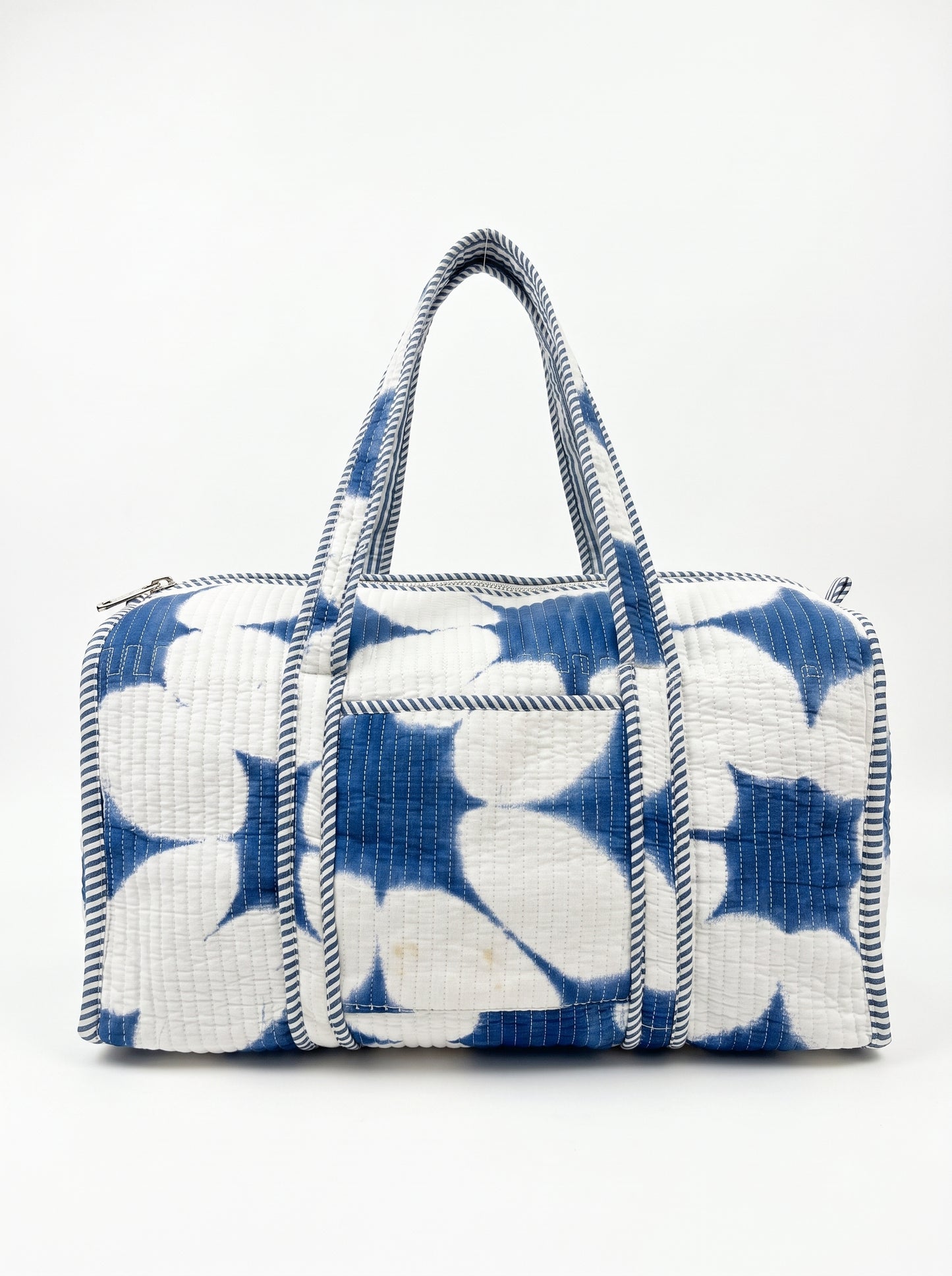 Classic Blue Indigo Tie and Dye Quilted Cotton Duffle Bag – Lightweight Travel Weekender