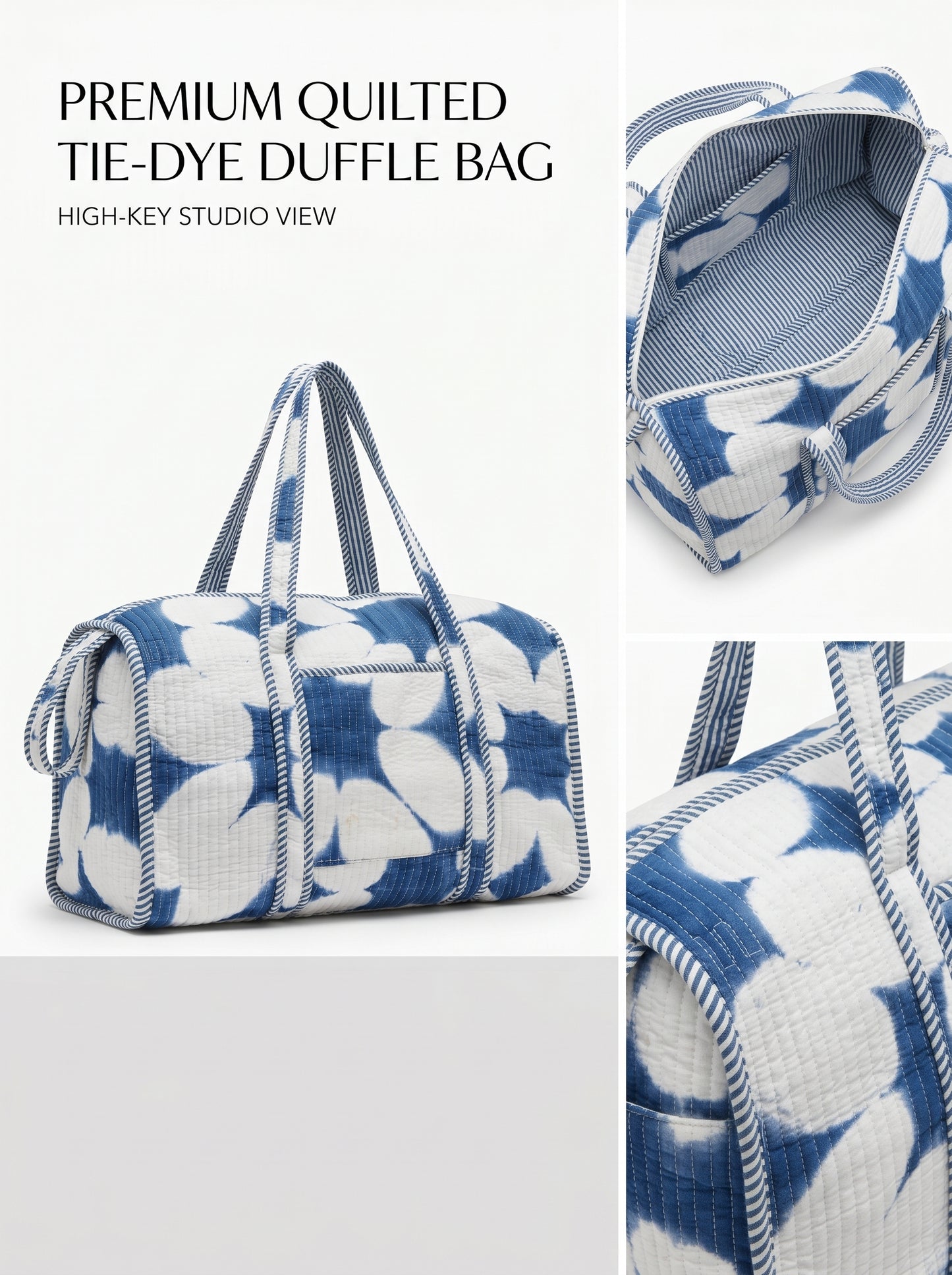 Classic Blue Indigo Tie and Dye Quilted Cotton Duffle Bag – Lightweight Travel Weekender