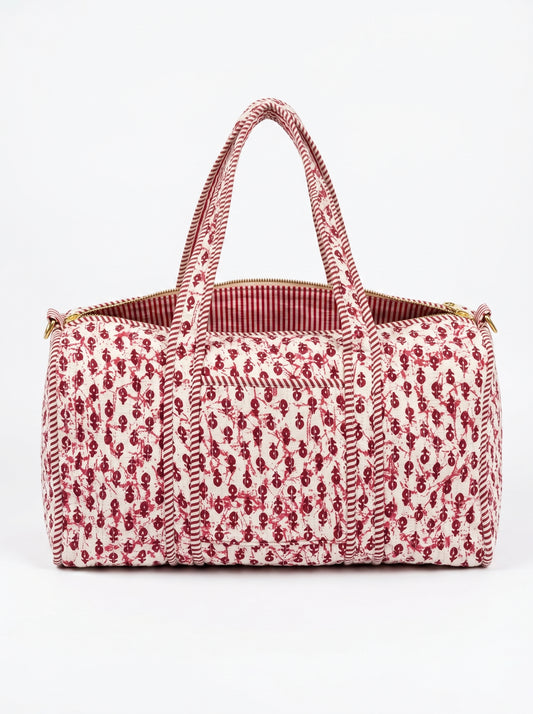 Red Drops Quilted Cotton Duffle Bag – Lightweight Travel Weekender