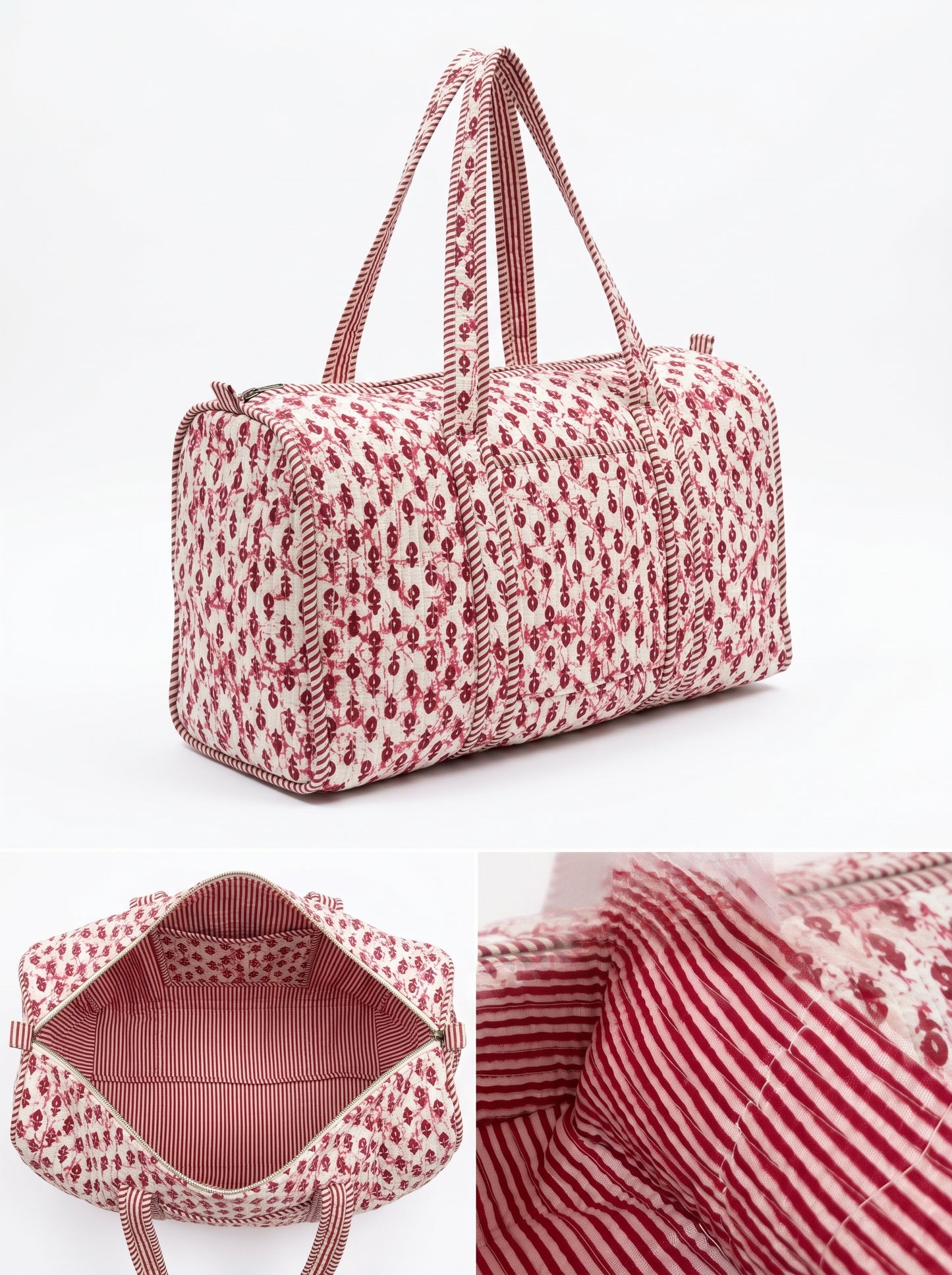 Red Drops Quilted Cotton Duffle Bag – Lightweight Travel Weekender
