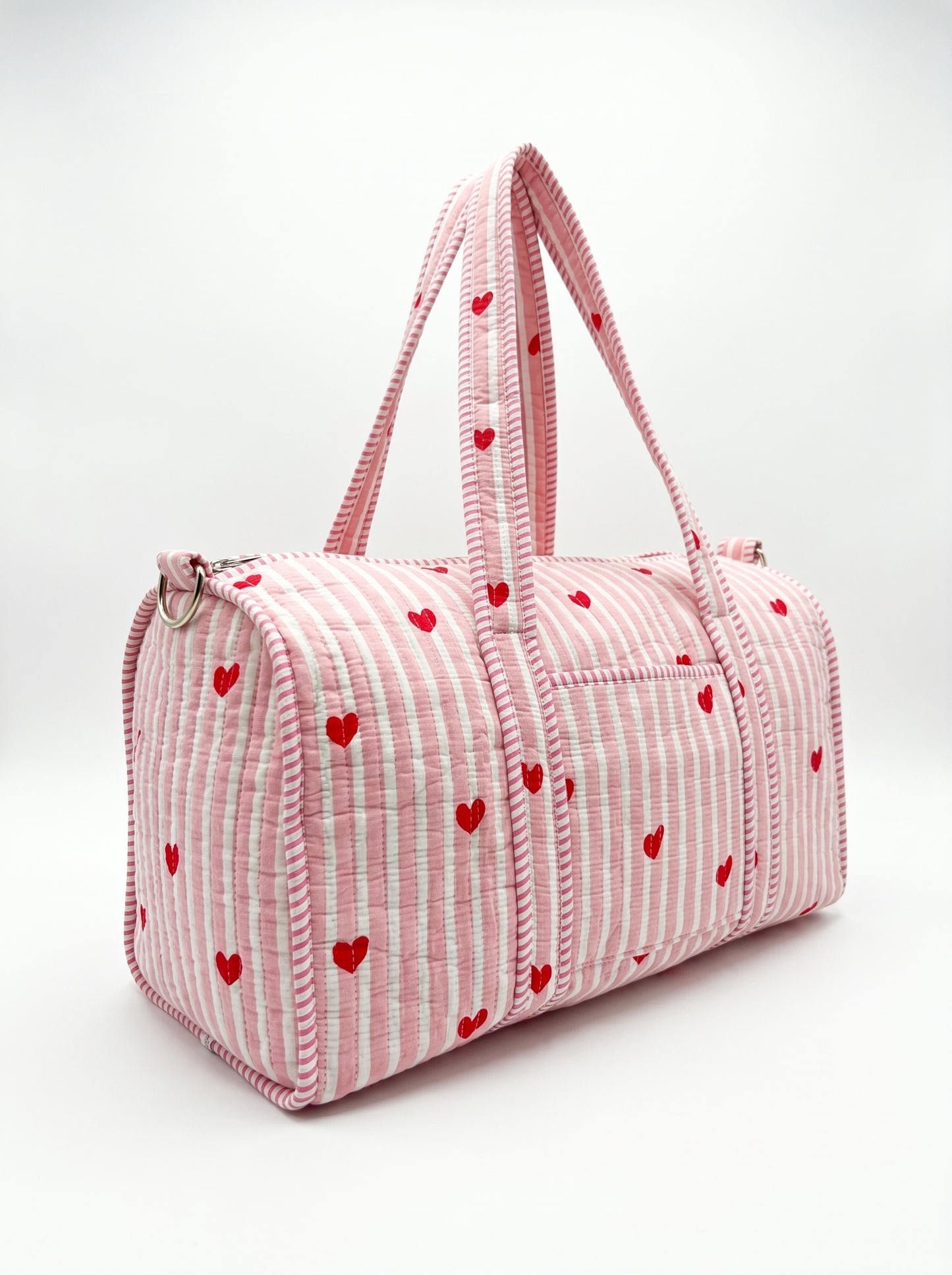 Cute Pink Hearts Quilted Cotton Duffle Bag – Lightweight Travel Weekender