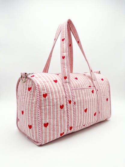 Cute Pink Hearts Quilted Cotton Duffle Bag – Lightweight Travel Weekender