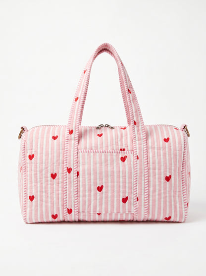 Cute Pink Hearts Quilted Cotton Duffle Bag – Lightweight Travel Weekender