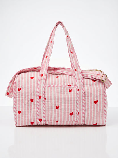 Cute Pink Hearts Quilted Cotton Duffle Bag – Lightweight Travel Weekender