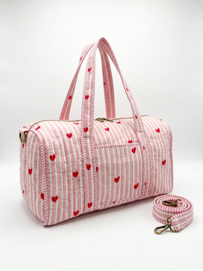 Cute Pink Hearts Quilted Cotton Duffle Bag – Lightweight Travel Weekender