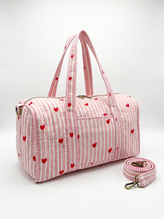 Cute Pink Hearts Quilted Cotton Duffle Bag – Lightweight Travel Weekender