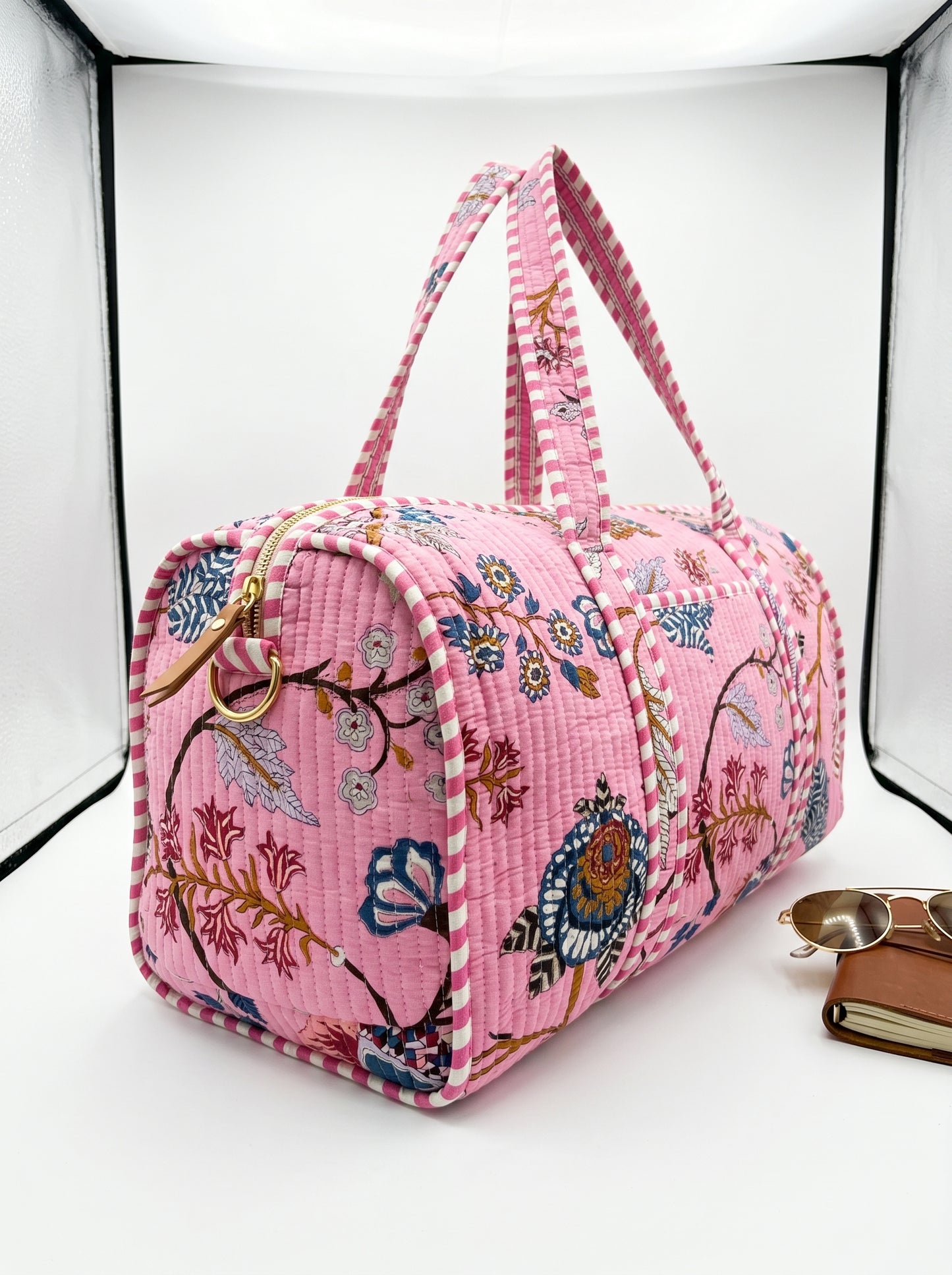 Blush Pink Floral  Quilted Cotton Duffle Bag – Lightweight Travel Weekender
