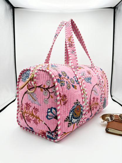 Blush Pink Floral  Quilted Cotton Duffle Bag – Lightweight Travel Weekender