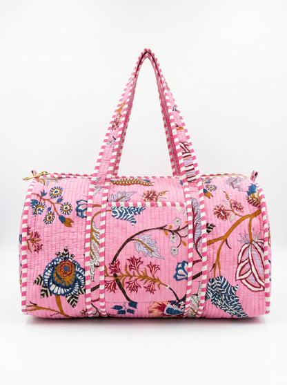 Blush Pink Floral  Quilted Cotton Duffle Bag – Lightweight Travel Weekender