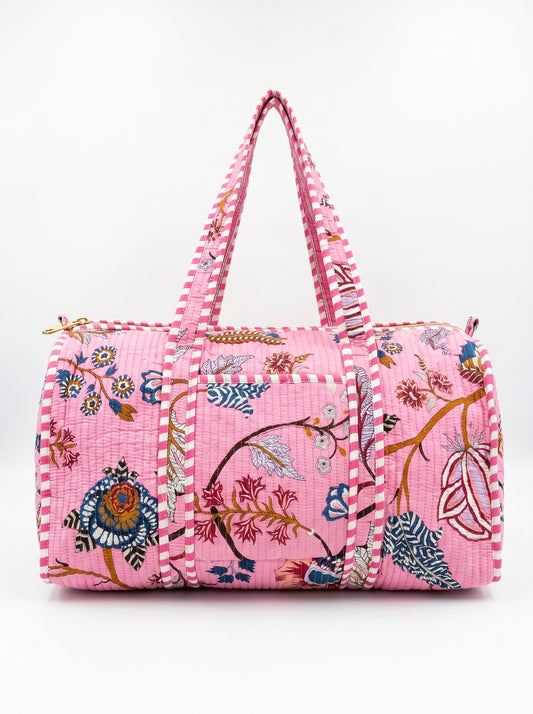 Blush Pink Floral  Quilted Cotton Duffle Bag – Lightweight Travel Weekender