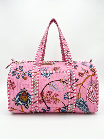 Blush Pink Floral  Quilted Cotton Duffle Bag – Lightweight Travel Weekender