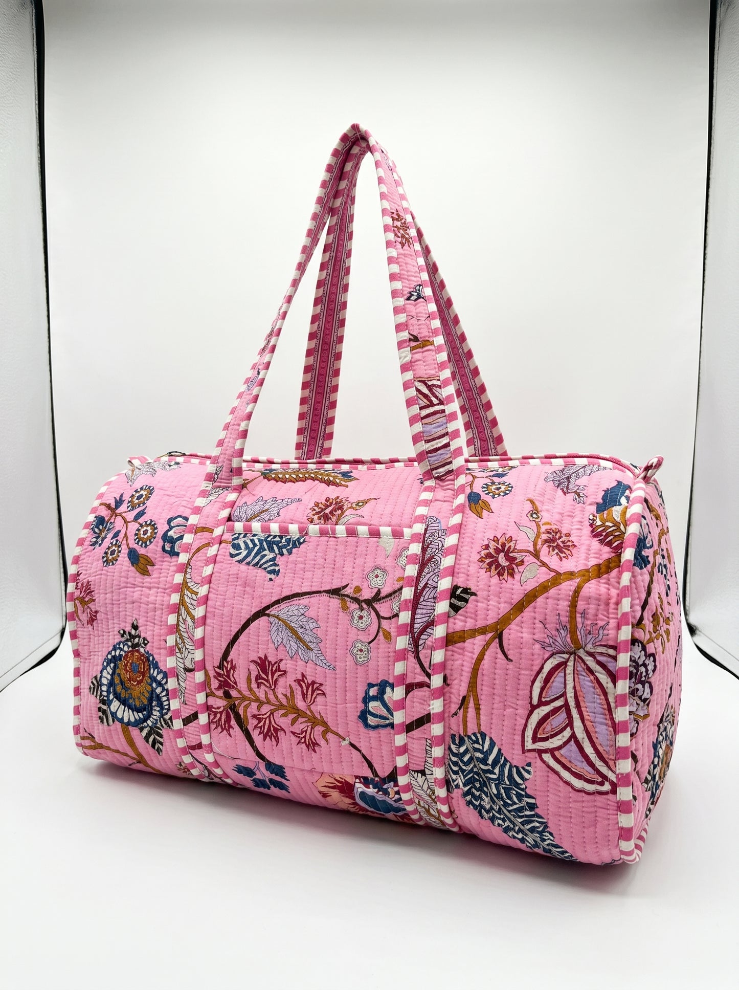 Blush Pink Floral  Quilted Cotton Duffle Bag – Lightweight Travel Weekender