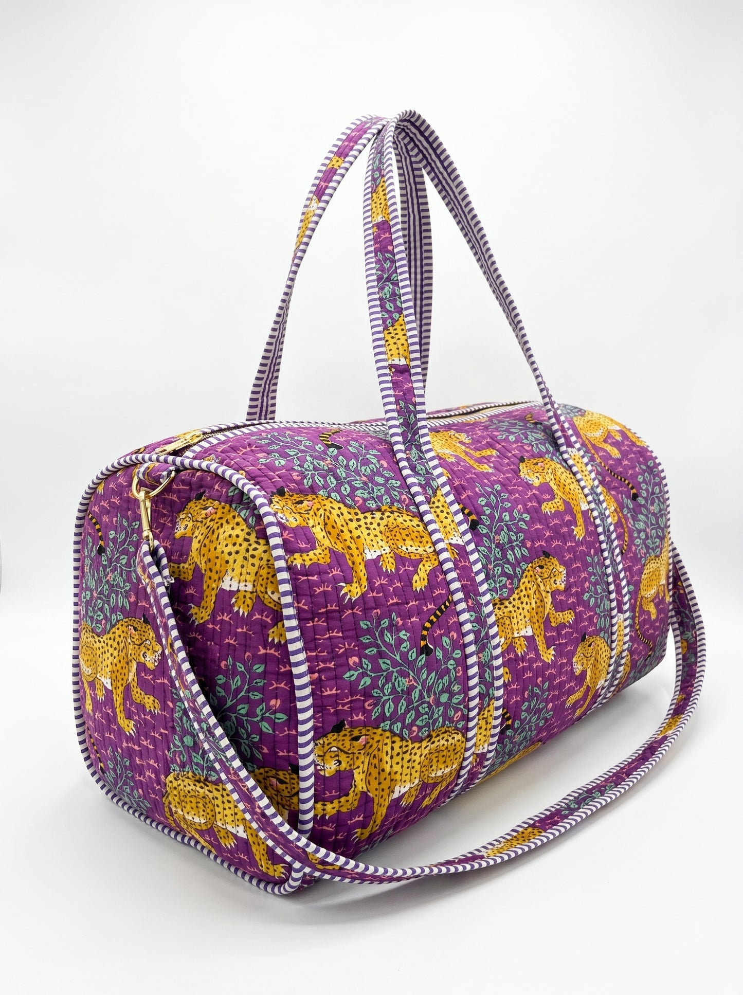 Violet Bloom Cheetah Quilted Cotton Duffle Bag – Lightweight Travel Weekender