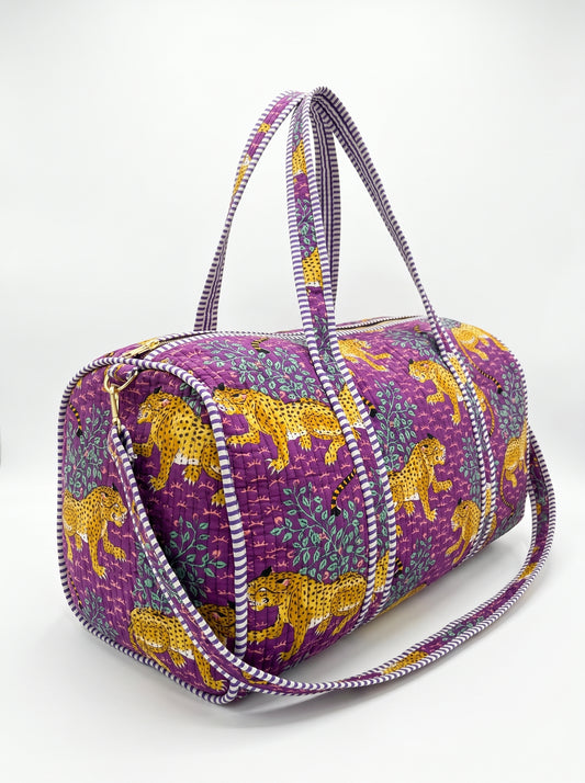 Violet Bloom Cheetah Quilted Cotton Duffle Bag – Lightweight Travel Weekender