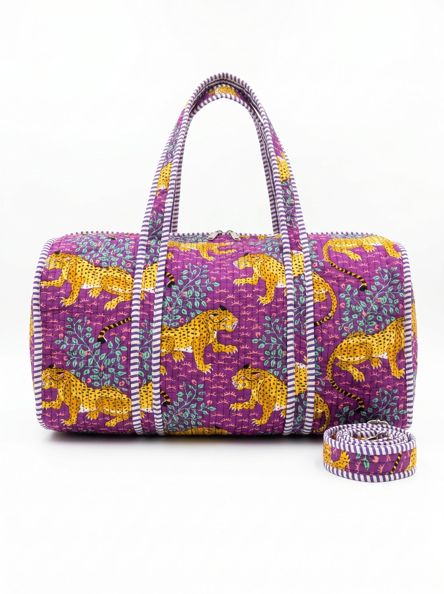 Violet Bloom Cheetah Quilted Cotton Duffle Bag – Lightweight Travel Weekender