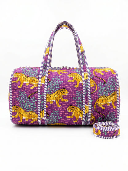 Violet Bloom Cheetah Quilted Cotton Duffle Bag – Lightweight Travel Weekender
