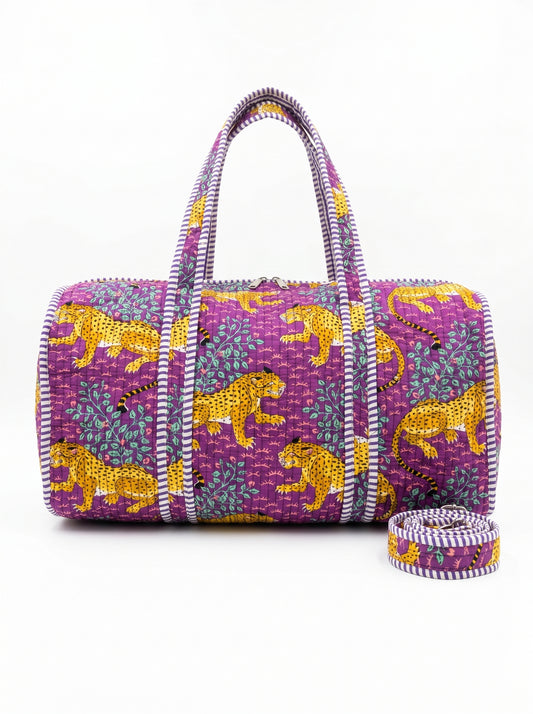 Violet Bloom Cheetah Quilted Cotton Duffle Bag – Lightweight Travel Weekender