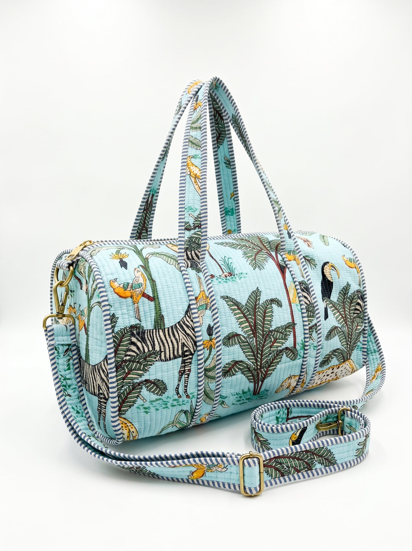 Powder Blue Safari Quilted Cotton Duffle Bag – Lightweight Travel Weekender